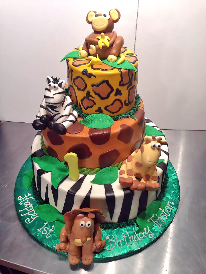 1st Birthday, 3tier, Cake, Giraffe, Kids, Lion, Monkey, Zebra