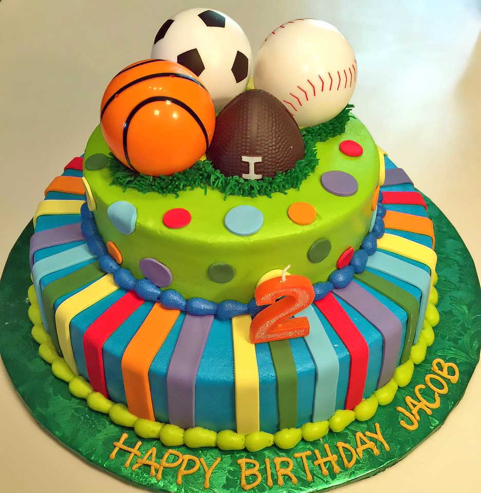 2nd Birthday, 2tier, Baseball, Basketball, Boys, Cake, Football, Soccer