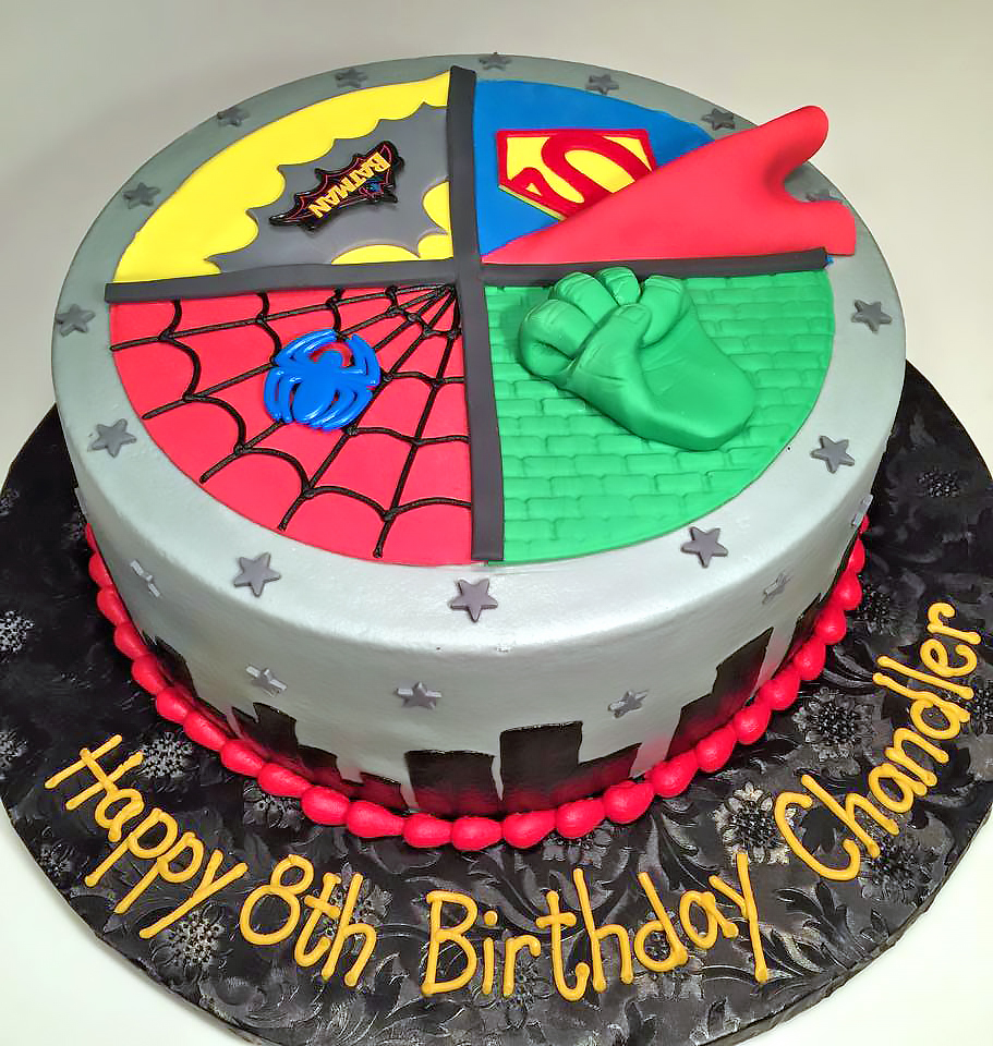 Batman, Birthday, Boys, Cake, Incredible Hulk, Spiderman, Superhero, Superman