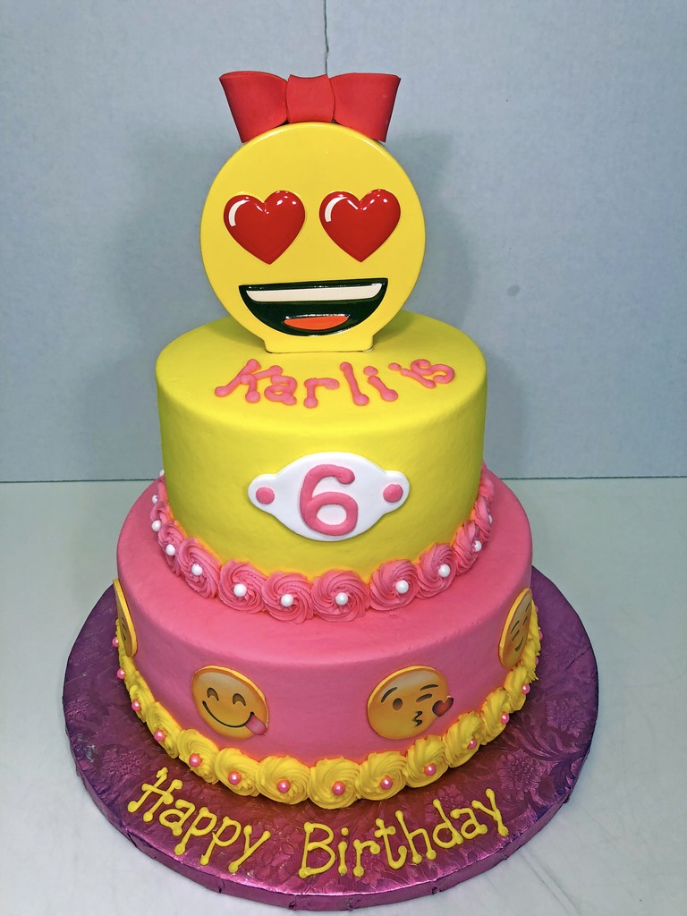 Cake, Girls, 2tier, emoji, Pink, yellow